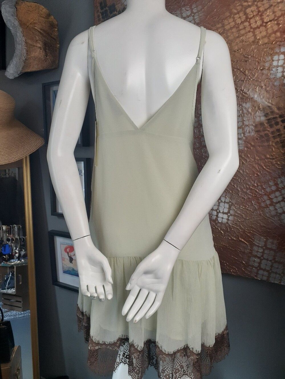 Zara Nwt Lace-Trim Chiffon Slip Dress in Pale Green and Chocolate Brown - Picture 4 of 16